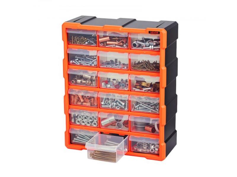 Black & Orange 18-Drawer Storage Organizer - Plastic Cabinet for Garage Organization - Stackable Small Parts Organizer - Wall-Mounted Toolbox