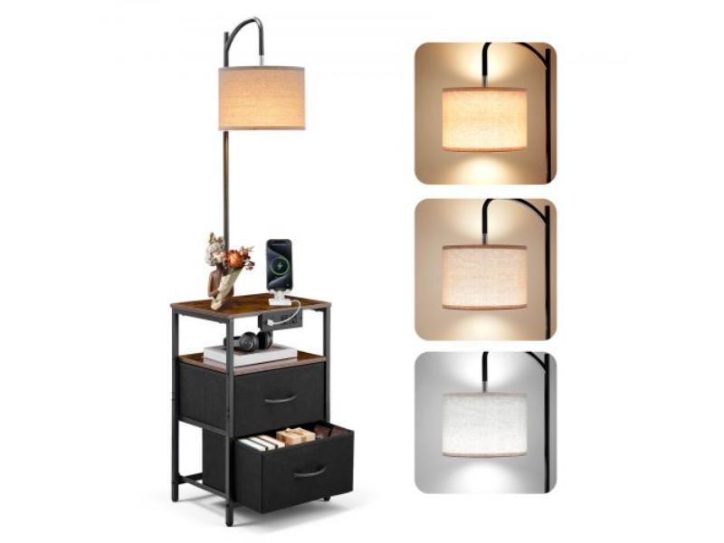 Floor Lamp with Table - 2-Tier End Table with 2 Drawers - 3 Color Temperature Lighting - USB & Type C Charging Port for Living Room - Bedroom - Dorm