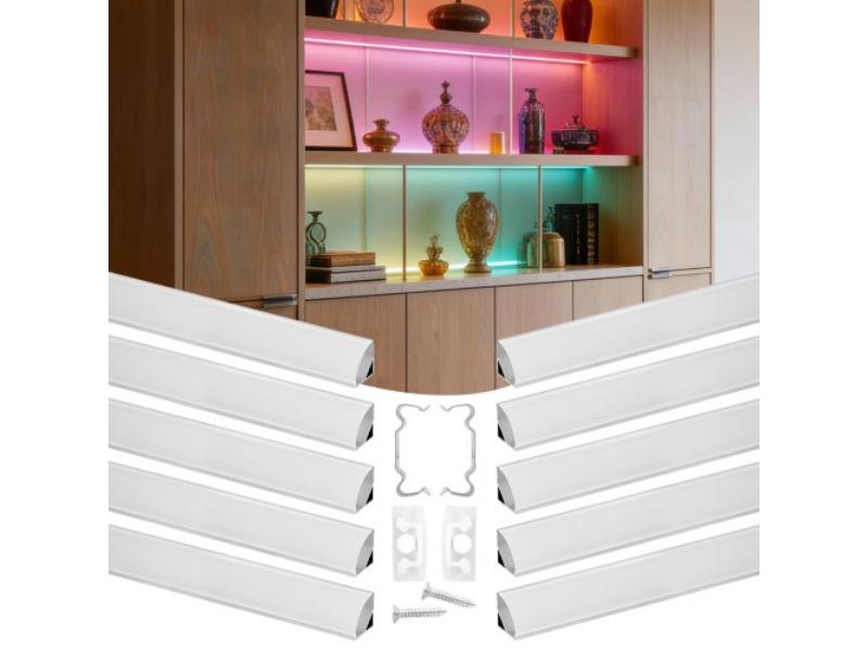 V Shape LED Aluminum Channel - 6.6 ft. with Cover - End Caps & Mounting Clips for LED Strip Light Installations - Milky - Pack of 10
