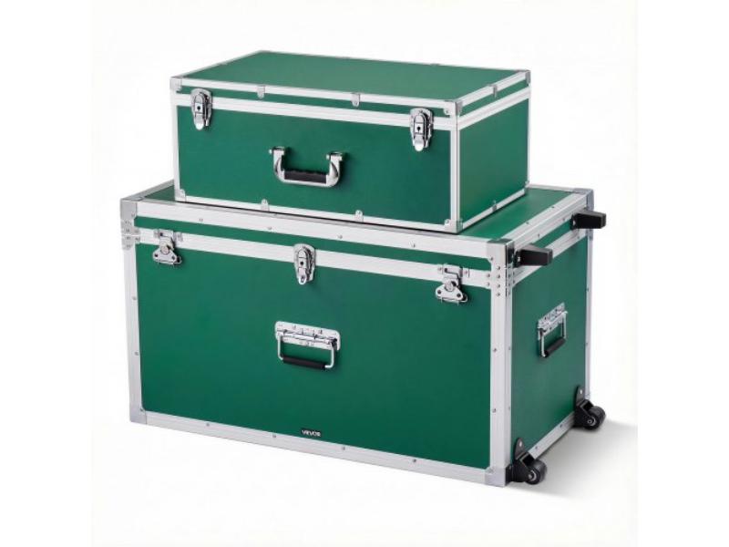 Metal Storage Trunk - Wooden Suitcase-Style Boxes - Padlocks - Casters & 3 Handles for Travel, Apartment & Dorm - Green - Pack of 2