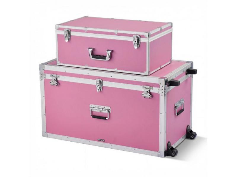 Metal Storage Trunk - Wooden Suitcase-Style Boxes - Padlocks - Casters & 3 Handles for Travel, Apartment & Dorm - Pink - Pack of 2