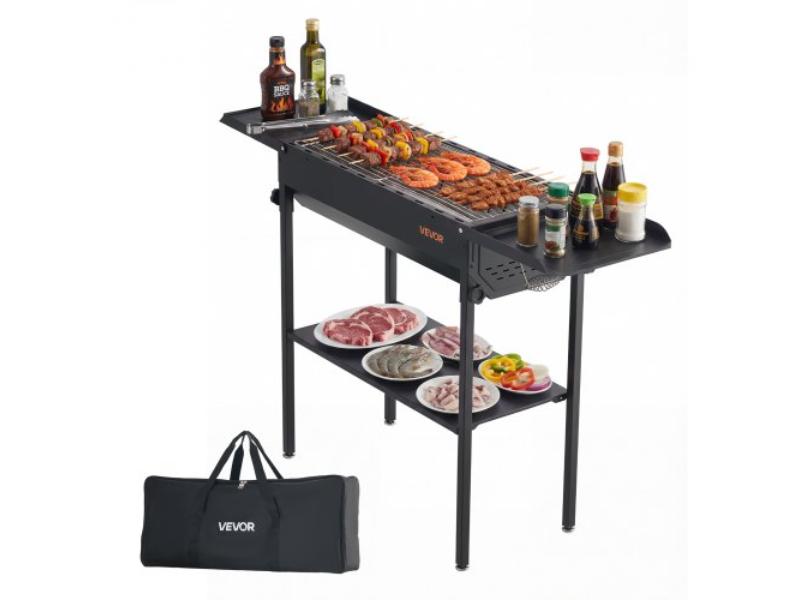 Foldable Charcoal Grill - Portable Charcoal Barbecue Grill with Adjustable Height & Folding Side Tables - High-Temp Powder-Coated Steel
