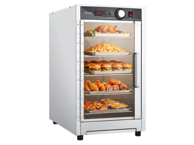 Electric Hot Box Food Warmer - 5-Tier Commercial Warming Cabinet with Water Tray - Glass Door & Adjustable Shelves - Stainless Steel