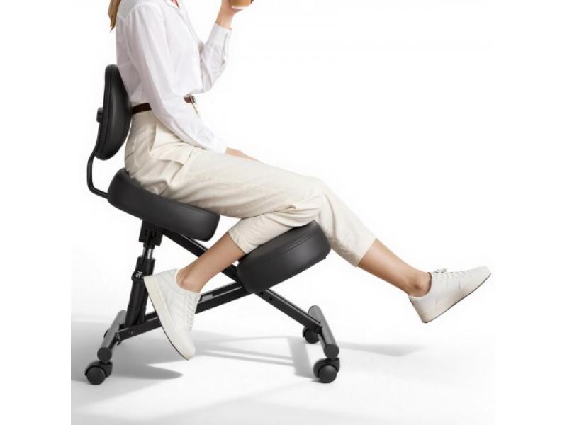 Ergonomic Kneeling Chair - Backrest & Wheels - X-Shaped Posture Chair - Adjustable Height - Thick Foam Cushions for Home & Office - Black