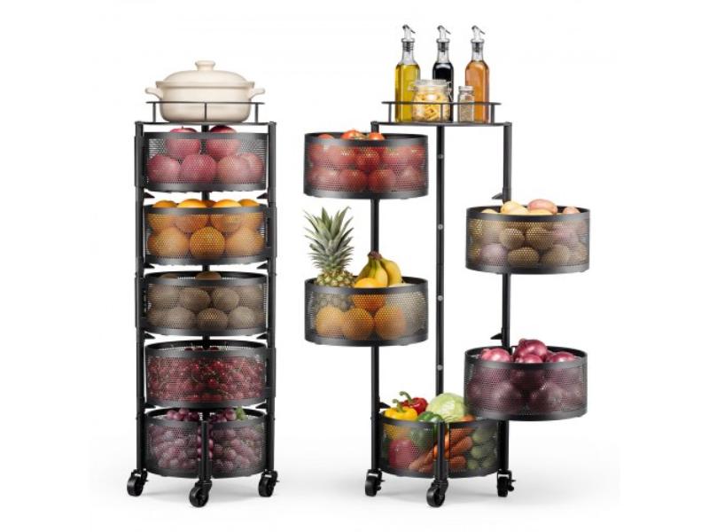 Rotating Storage Rack Cart - 5 Tier Fruit & Vegetable Basket Bowls - Heavy Duty Wire Organizer on Wheels for Kitchen - Bathroom & Nursery, Black
