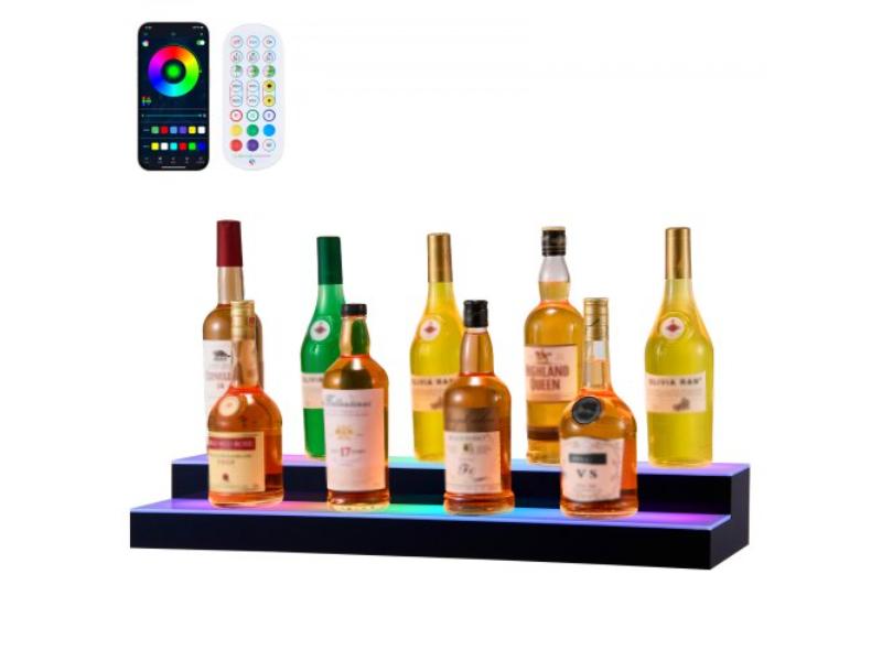 LED Lighted Liquor Bottle Display - 30 in. - 2 Tiers - USB - Acrylic Home Bar Shelf with RF Remote & App Control - 9 Colors for 14-20 Bottles