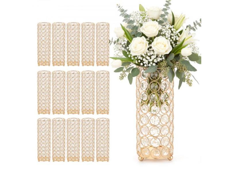 Crystal Wedding Flower Vase - 10.24 in. Tall Flower Table Centerpieces - Versatile Arrangement Stand for Party Events & Home Decor - Gold - 16 Piece