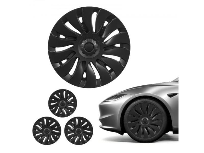 Hubcaps Wheel Covers for 2021-2024 Tesla Model Y - 19 in. OEM Style Replacement - R19 Size Snap On - Premium 14-Spoke ABS - Matte Black - Pack of 4