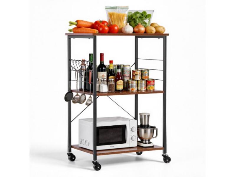 Kitchen Utility Cart - 3 Tier 23.7 in. Microwave Stand - Heavy Duty Storage Rack - Rolling Work Table with 8 Hooks for Mini Oven & Toaster - Vintage