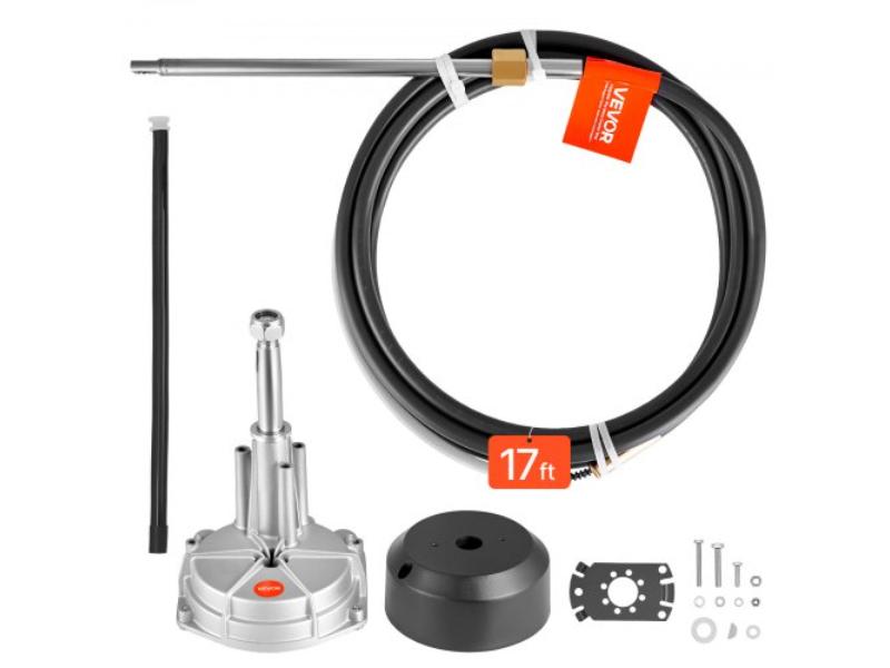 Boat Steering System - 17 ft. Control Cable Outboard Rotary Steering Kit with Aluminum Alloy Helm - Durable Marine Replacement for Boats & Sailboats