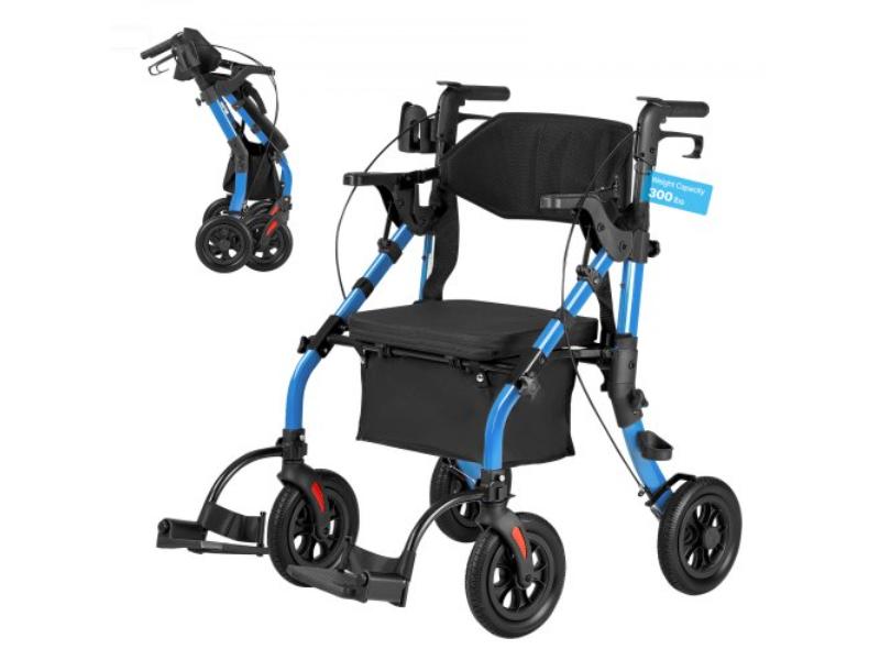 2-in-1 Rollator Walker & Transport Chair for Seniors - Foldable Rolling Walker Wheelchair - Lightweight Aluminum Mobility Aid - Supports 300 lbs