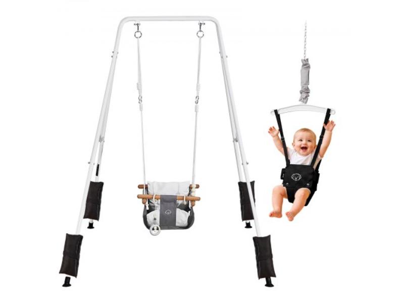 Toddler Swing & Jumper - 2 in. 1 Swing Set & Bouncer - Soft Cushion with Foldable A-Frame Metal Stand - Heavy-Duty Ropes - Indoor & Outdoor - Black