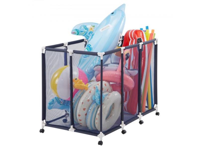 Pool Storage Bin - 48 x 33 x 39 in. - Rolling Pool Float Organizer - Casters - Durable Plastic Frame - Breathable Mesh Basket - White