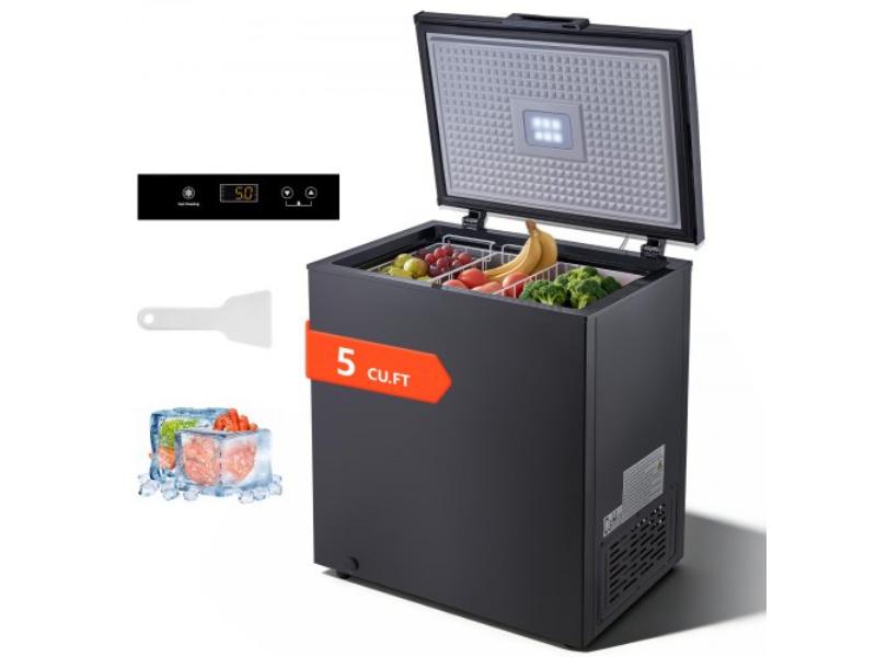 Chest Freezer - 5 cu ft. Compact Deep Freezer - Free Standing Top Open Door with 2 Removable Baskets & Adjustable Thermostat - Black