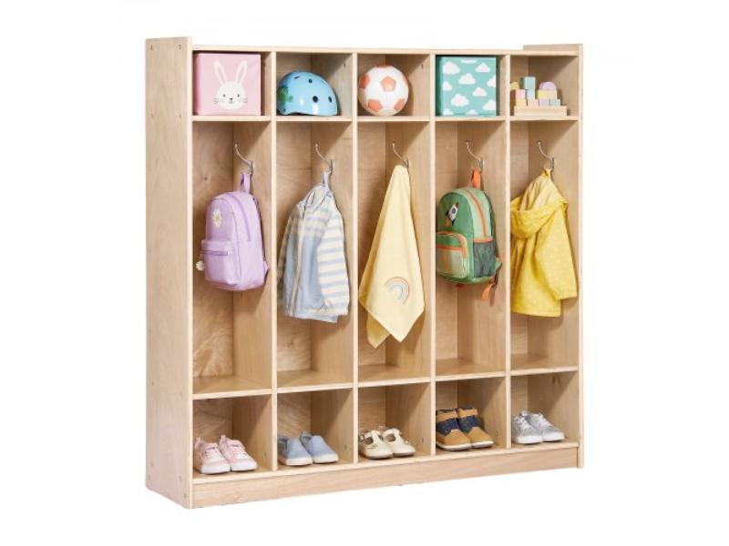 Coat Locker - 5-Section Daycare Cubby Rack - 48 x 12 x 48 in. - Classroom Coat Locker & Backpack Hanger with 5 Hooks & Storage Boxes - Natural