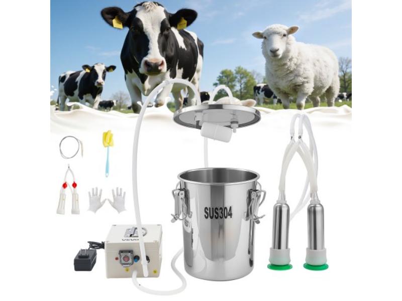 Goat Milking Machine - 1.8 gal Food-Grade Stainless Steel Bucket - 4 Teat Cups for Cows & Goats - Electric Pulsation Portable Milker