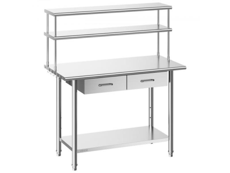 Stainless Steel Work Table - 24 x 48 in. Food Prep Table with Overshelves & 2 Drawers - Commercial Kitchen Workstation with Adjustable Undershelf