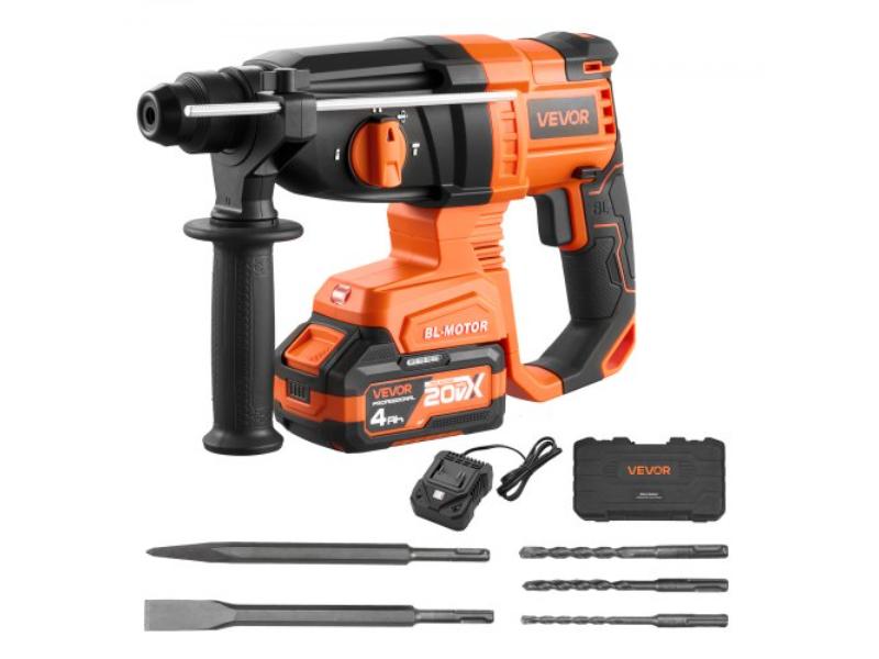 Rotary Hammer Drill - 0.875 in. SDS-Plus Cordless - 20V Battery Powered - Brushless - Including 3 Drill Bits - Flat Chisel - Pointed Chisel