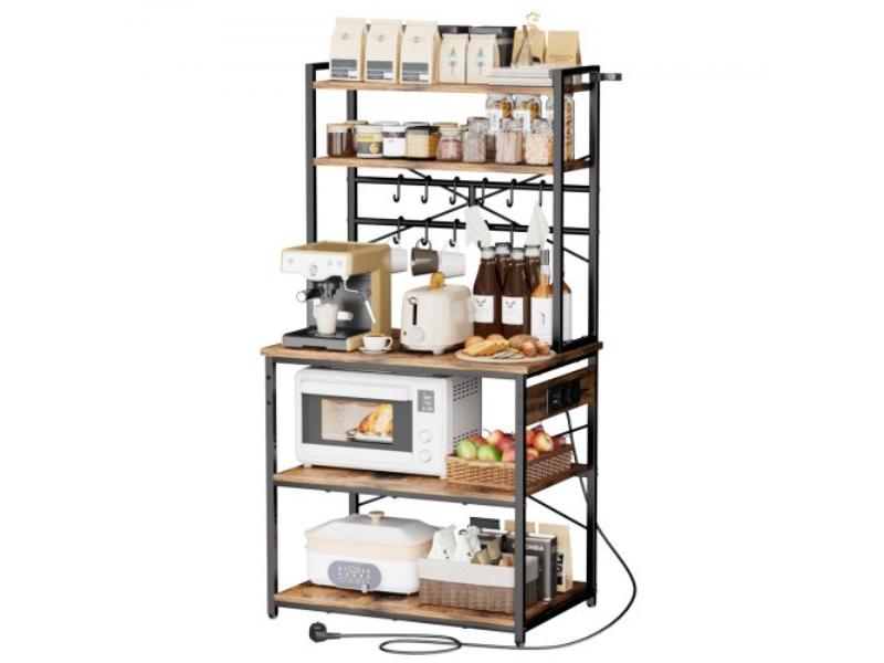 Vintage Brown Wood & Black Kitchen Bakers Rack - 5 ft. Power Cable with Power Outlet - 12 S-Shaped Hooks - Built-In Power Strip - Coffee Bar Stand