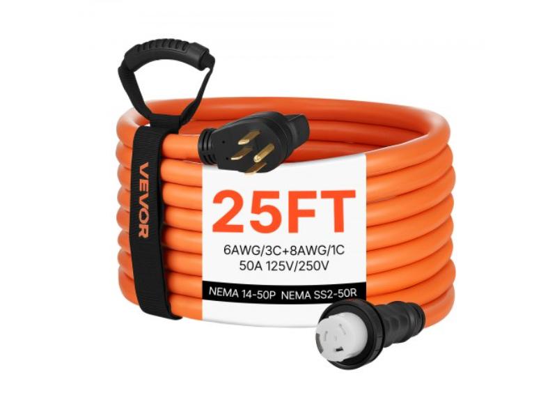 50 Amp Generator Cord - 25 ft. - 125-250V NEMA 14-50P to SS2-50R - Heavy Duty 6AWG-3 Plus 8AWG Cable for RV Generator to House - Orange