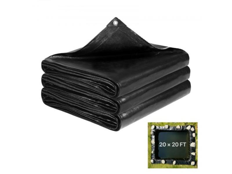 Pond Liner - 20 x 20 ft. - 14 Mil Thickness - 3-Layer Reinforced PE for Outdoor Ponds - Hemmed Edge & 4 Metal Buttonholes, Black