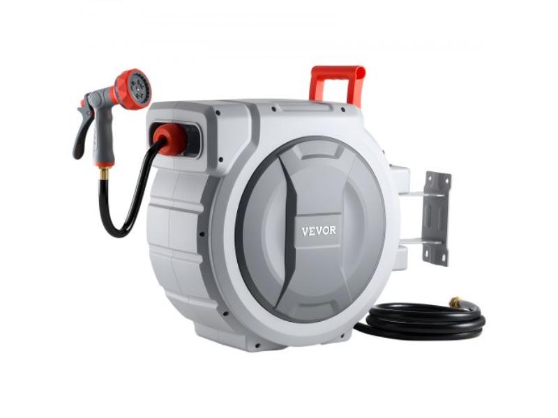 0.5 in. x 130 ft. Retractable Garden Hose Reel - Wall Mounted with 9-Function Sprayer Nozzle - 180 Deg Swivel Bracket - Automatic Slow Rewind System
