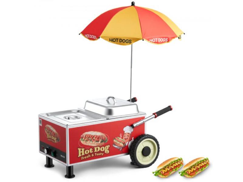 Hot Dog Steamer Cart - 1200W Electric Stainless Steel Steam Machine - 86-203 Deg F Temp Adjustable - Portable with Umbrella & Wheels