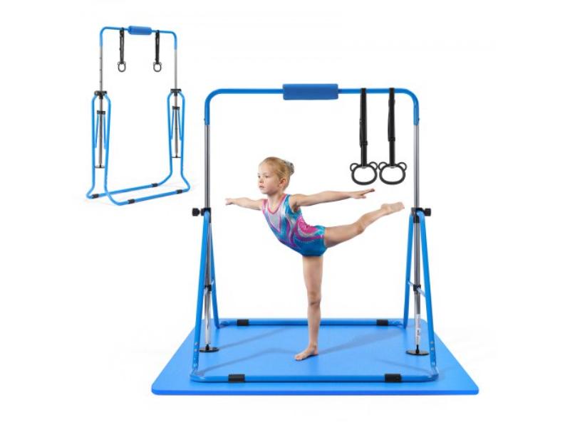 Gymnastic Bars for Kids - 140 lbs Capacity Folding Training Kip Bar with Mat - Adjustable Height for Home Indoor & Outdoor Training - Blue