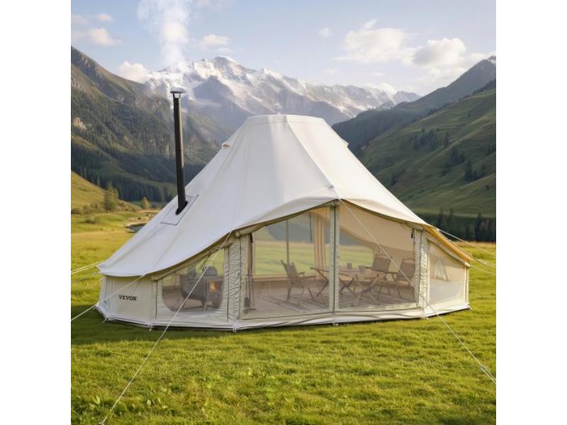 Canvas Bell Tent - 4 Seasons - 19.7 x 13.12 x 10.17 ft. - Yurt-Style Tent - Stove Jack - Breathable Poly-Cotton - Up to 12 People - Light Beige