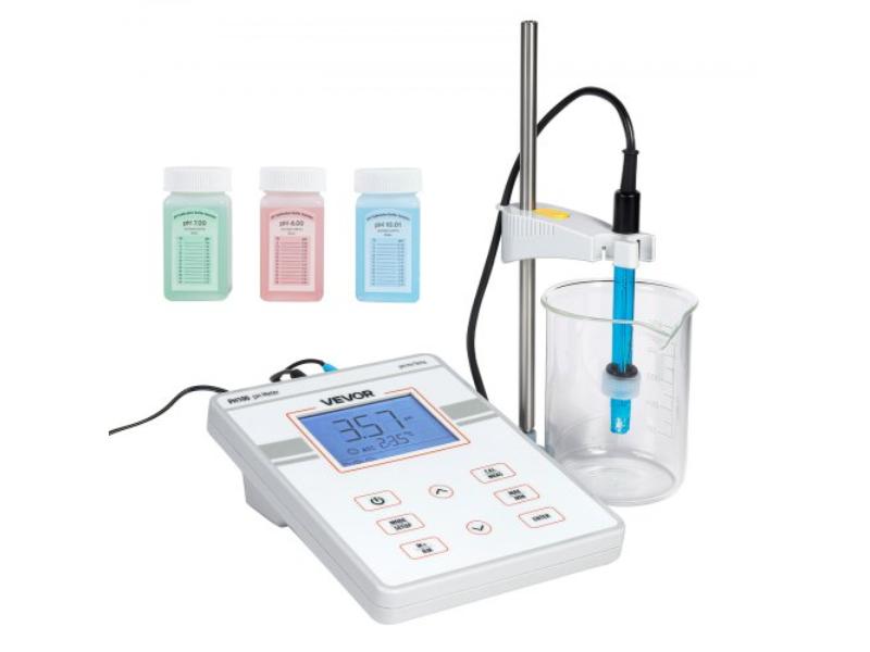 Benchtop PH Meter 0-14 PH Range - Laboratory Tester Kit with Backlit Display - Calibration Solutions - Power Adapter - White & Orange - Gray