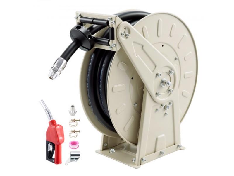 Fuel Hose Reel - 0.75 in. x 33 ft. - Retractable - Spring Driven - 300 PSI Heavy-Duty Carbon Steel with Rubber Hose for Diesel Fuel & Kerosene