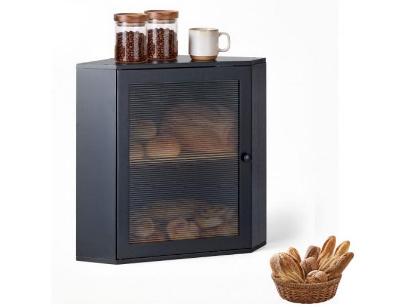 Corner Bread Box - Bamboo Container for Homemade Bread - Under Cabinet & Pantry - Double Layer Breadbox with Acrylic Door & Air Vents - Black