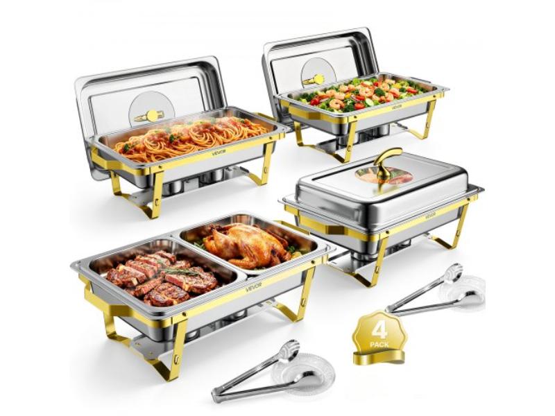 9 qt. Chafing Dishes Stainless Steel Buffet Server Set - Rectangle Chafer with Glass Lid - Fuel Holder - Tong & Glass Pad - Pack of 4