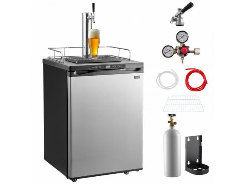 Beer Kegerator - Single Tap Draft Beer Dispenser - Full Size Keg Refrigerator with Shelf - CO2 Tank & No Gas - Drip Tray & Rail - 162L - Silver
