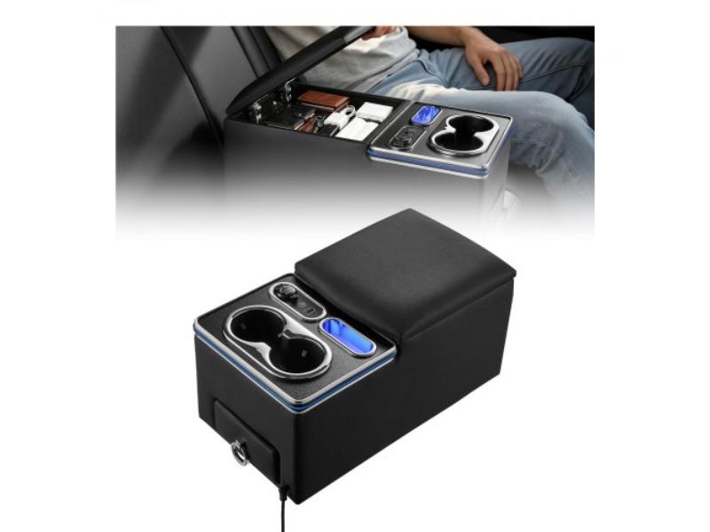 Universal Rear Bench Seat Center Console with 7-Color Ambient Lights - USB-Type-C-Cigarette Lighter Charging for MPV - Sedan - SUV