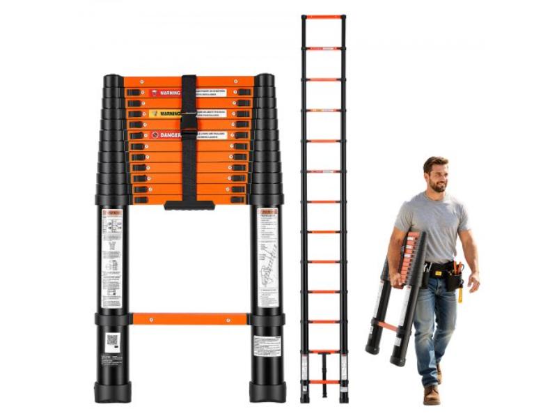 Telescoping Ladder - 12.5 ft. Extension - Heavy-Duty 330 lbs Capacity for Home Repairs - Painting - Window Cleaning & RV - Aluminum - Orange & Black