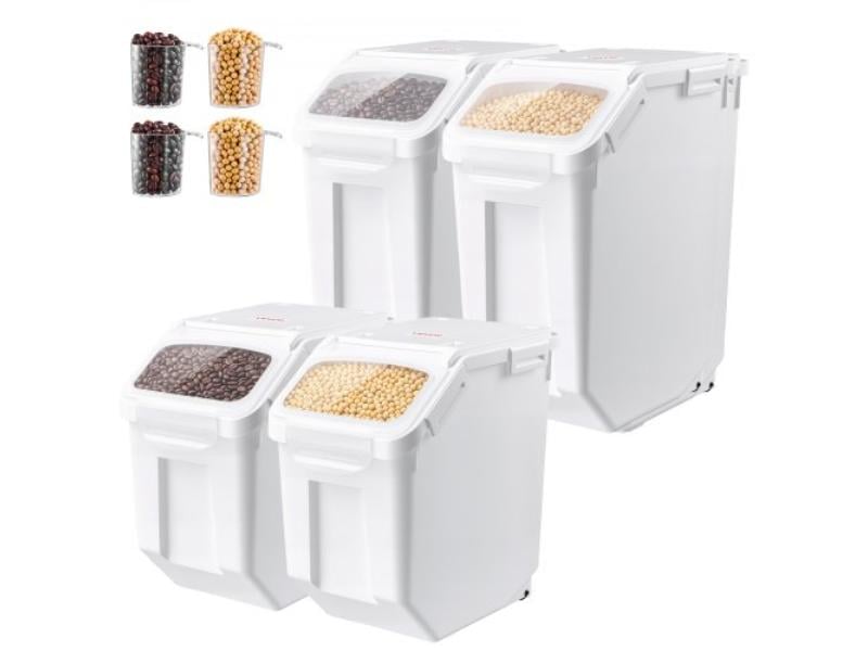 Rice Storage Container - 24 lbs x 2 Plus 32 lbs x 2 for Kitchen Pantry - 15L x 2 Plus 20L x 2 Dog Food Dispenser - Airtight Lid - Pack of 4