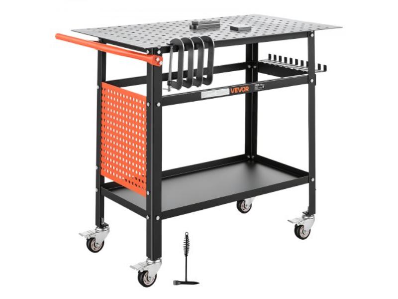 Welding Table - 40 x 24 in. - Heavy-Duty Steel Workbench with 800 lbs Capacity - 4 Lockable Casters - Fixture Holes - Tool Tray - Pegboard & Hooks