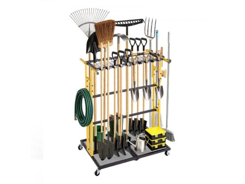 Garden Tool Organizer with Wheels - Large Metal Garage Storage Rack for Rakes-Shovels-Brooms-Long Farming Tools - Heavy-Duty Steel, Black