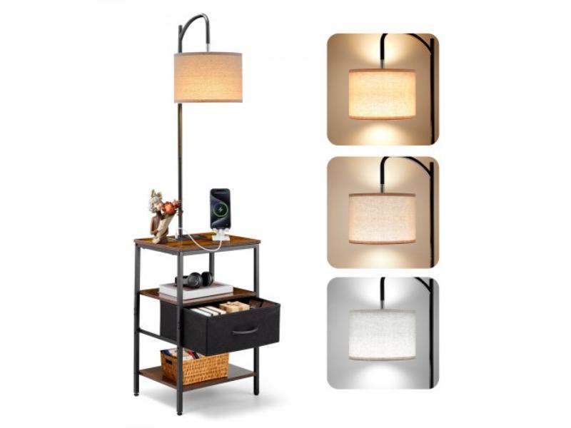 Floor Lamp with Table - 3-Tier End Table - Drawer - 3 Color Temperatures - USB, USB-C & AC Charging Ports for Living Room & Bedroom