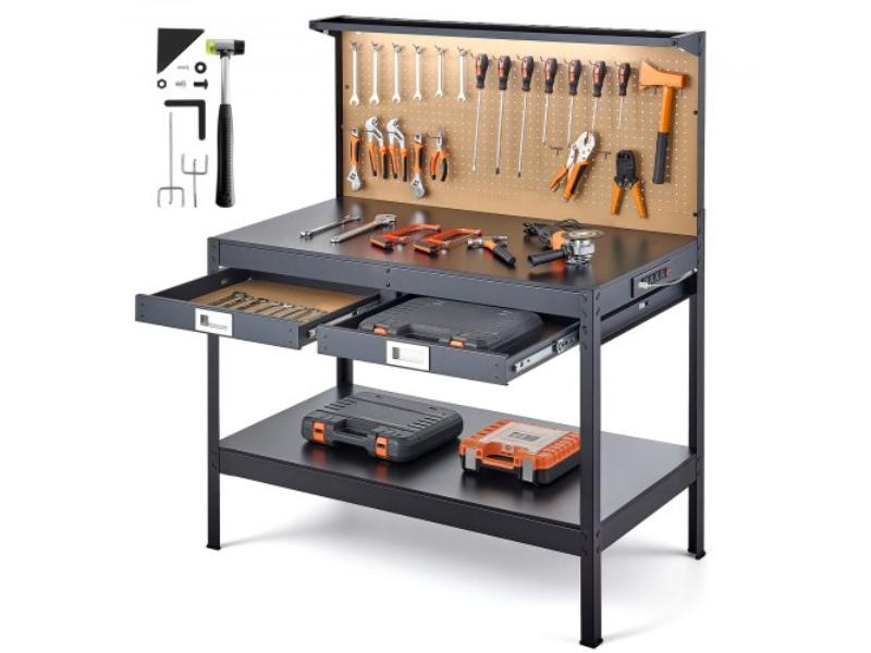 Hardwood Workbench - 242.5 lbs Weight Capacity - 47.2 in. Heavy Duty with Pegboard - 4 AC Outlets & 2 USB Ports - 4.9 ft. Cable & 30 Hooks