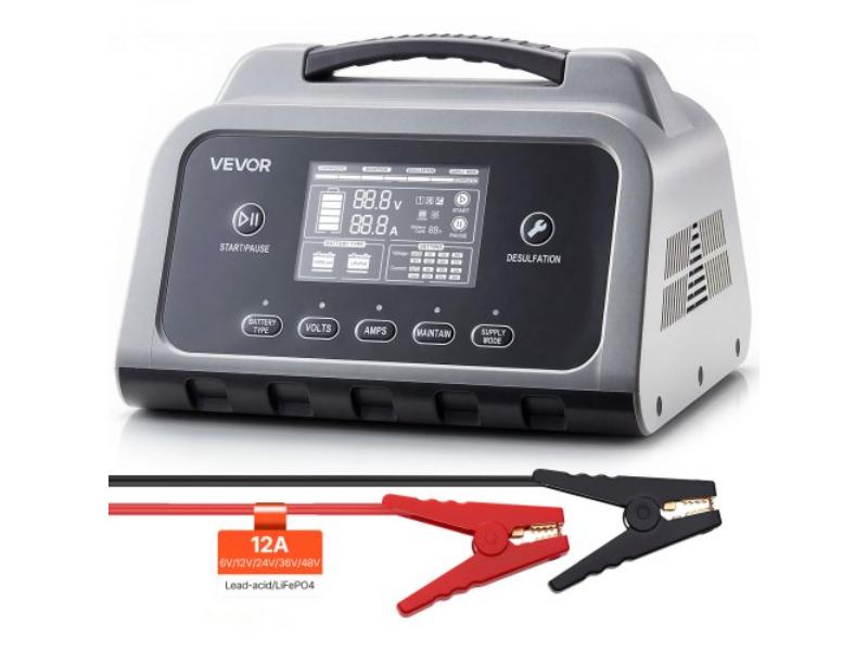Smart Battery Charger - 12A - 6V 12V 24V 36V 48V Lithium LiFePO4 Lead-Acid - LCD Display - Trickle Charging Maintainer for Car - Boat - Motorcycle