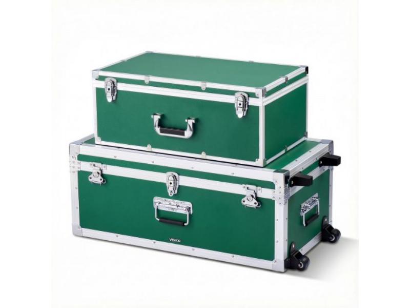 Metal Storage Trunk - Wooden Suitcase-Style Boxes - Padlocks Casters & 3 Handles for Travel, Apartment & Dorm - Green - Pack of 2