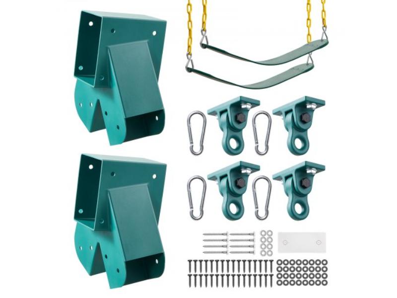 Swing Set Brackets - Heavy-Duty A-frame Hardware with 2 Brackets & 2 Seats & 4 Hangers for Playground & Backyard Equipment - Green
