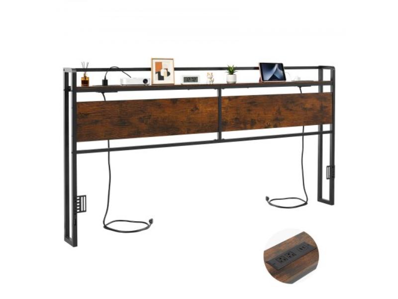 Headboard for King Size Bed with Storage Shelf - 2 Outlets - 1 USB & 1 Type-C Port - Sturdy Carbon Steel Frame - Adjustable Height - Black & Brown