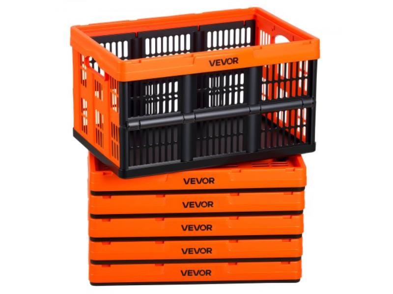 Plastic Collapsible Storage Bins - 45L - Stackable Folding Crates - Handles - 33 lbs Capacity Per Bin - Space-Saving Organizers - Pack of 6