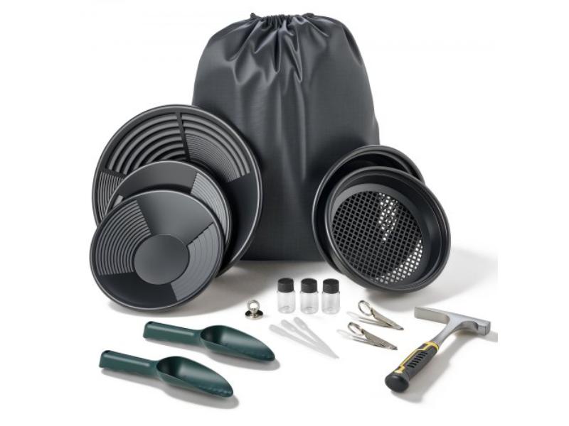 Gold Panning Kit - 10 in. & 14 in. Pans Prospecting Equipment with Classifier Sieves - Sand Magnet - Rock Pick - Scoops & Accessories - Pack of 19