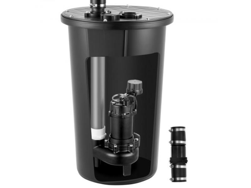 Sewage Pump System - 0.5 HP 4800 GPH Cast Iron Sewage Pump with Basin Kit - 120V Automatic Outdoor Water Seepage Collection & Removal System - Black