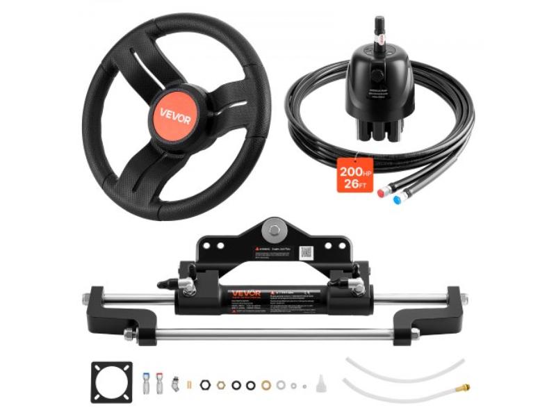 Outboard Hydraulic Steering Kit - 200HP - Marine Steering System with 6.9 MPa Helm Pump - Cylinder - 26 ft. Hoses - 13.5 in. Wheel - Pack of 2