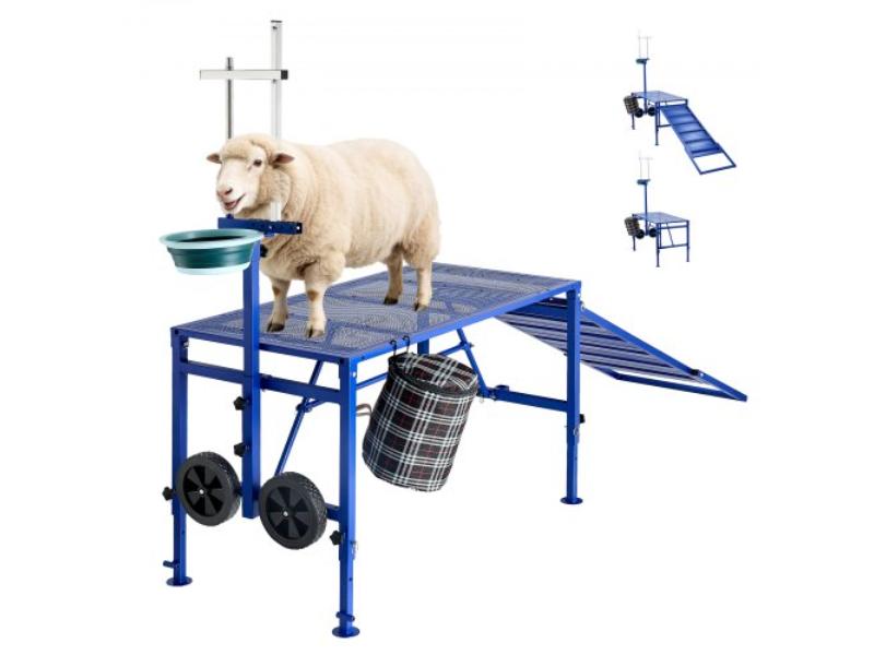 Heavy-Duty Foldable Goat Milking Stand with Ramp, Feed Bin, Wheels, Adjustable Headpiece & Basket - 600 lbs Capacity